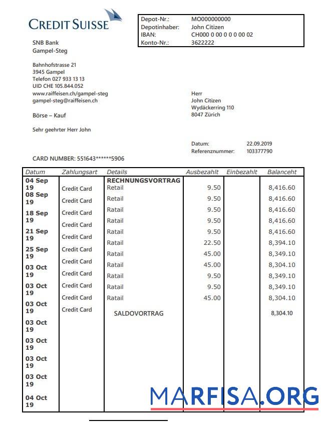 Realistic Switzerland Credit Suisse bank proof of address statement word real example